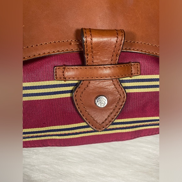Brooks Brothers Brown Leather Red Multi Striped Fabric Crossbody Bag Purse - Picture 7 of 16
